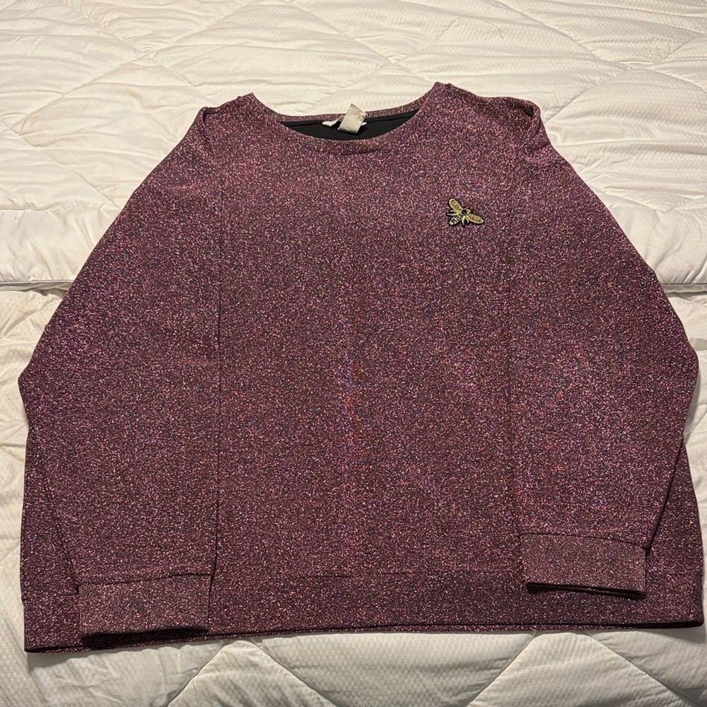 H&M womens Sparkling Purple Crewneck Sweater shimmer tinsel bee brooch xl